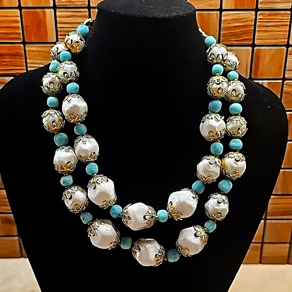 Vintage Deauville Blue Gold & Pearlized Double Layered Necklace 📿